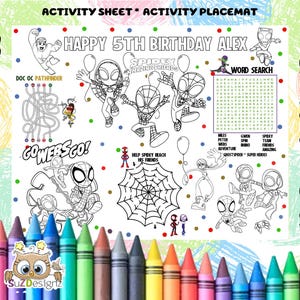 Placemat verjaardagskleurplaat Spidey: activiteitenblad feest (onmiddellijke download) bewerkbare sjabloon gepersonaliseerd