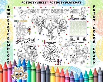 Spidey Birthday Coloring Placemat: Party Activity Sheet (Immediate Download) Editable Template Personalized