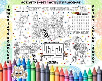 Toy Story Birthday Coloring Placemat: Party Activity Sheet (Immediate Download) Editable Template Personalized