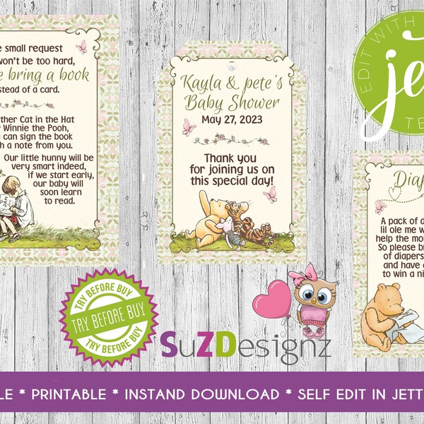 Classic Winnie the Pooh Girl  Baby Shower Add Ons... Digital FIle - EDITABLE - Immediate Download -JetTemplate