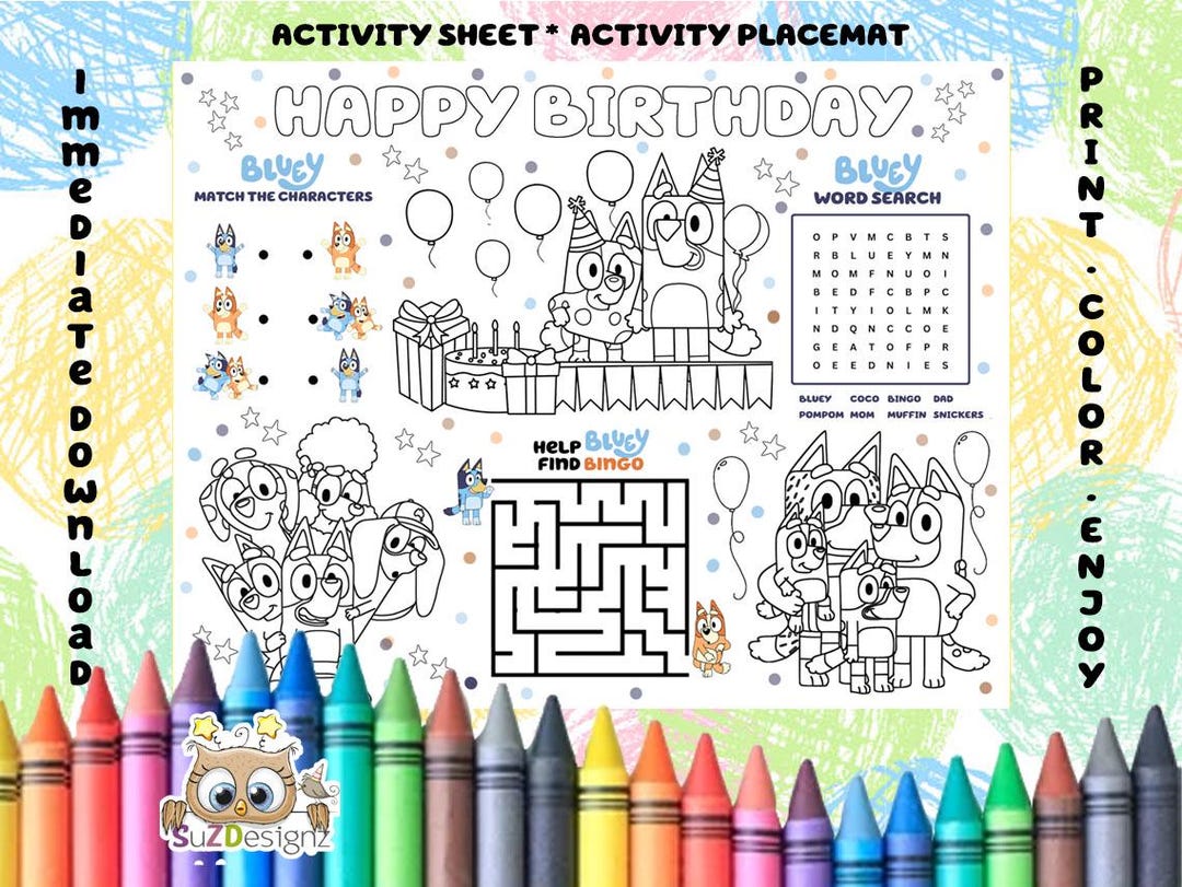 Bluey Birthday Coloring Page - Printable Birthday Coloring Placemat ...