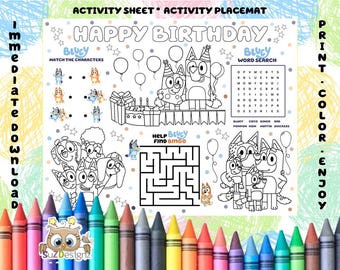Bluey Birthday Coloring Page - Printable Birthday Coloring Placemat - Birthday Coloring Activity Sheet - Immediate Download