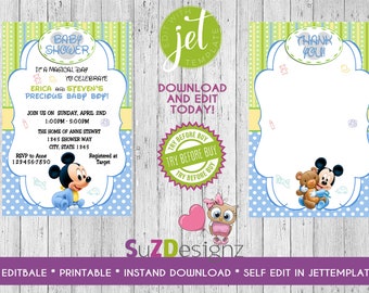 Baby Mickey Mouse Baby Shower  Invitations  and more... Digital FIle - EDITABLE - Immediate Download -JetTemplate