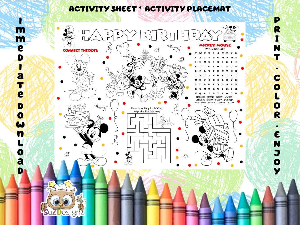 Mickey Mouse Birthday Coloring Page - Printable Birthday Coloring Placemat - Birthday Coloring Activity Sheet - Immediate Download