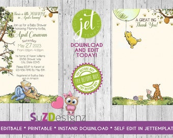 Classic Winnie the Pooh Baby Shower Invitation and more...  Digital FIle - EDITABLE - Immediate Download-Jet Template