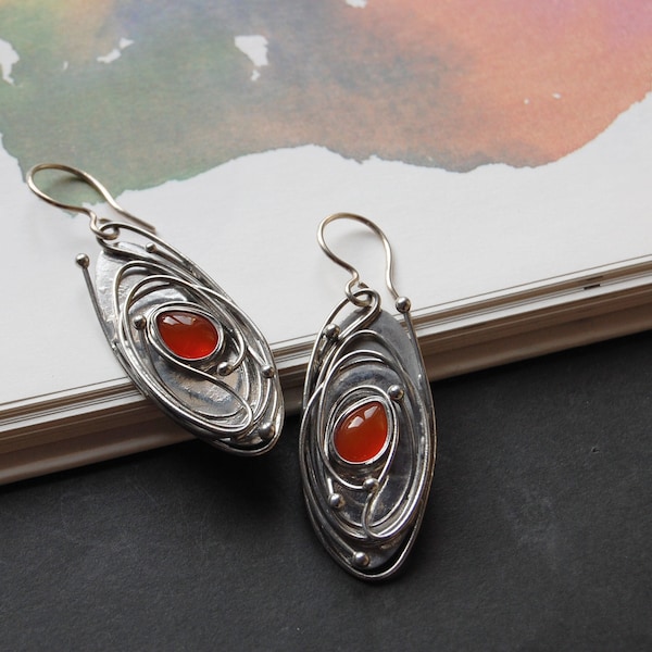 Orange carnelian earrings in Tiffany technique. Long wire wrapped ooak earrings. Ukrainian artisan hand made jewelry. Art Nouveau earrings