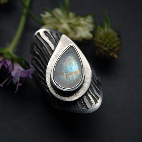 Rainbow Moonstone ring in Tiffany technique. Ukraine jewelry. Etched texture copper and tin band ring. Zebra print jewelry