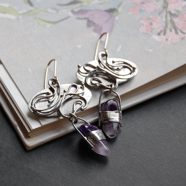 Chevron amethyst earrings in Tiffany technique. Long wire wrapped ooak earrings. Ukrainian artisan hand made jewelry. Art Nouveau earrings