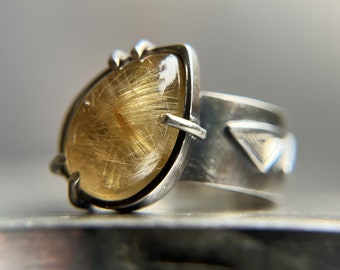 Golden rutilated quartz sterling silver ring. Rutile silver statement ring. Art deco triangle ring. Drop stone ring. Ukraine artisan jewelry