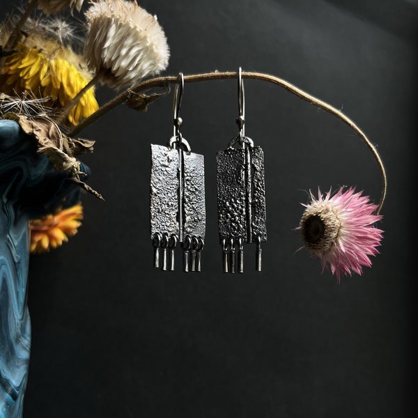Dangle chandelier asymmetrical earrings. Raw sterling silver brutalist earrings. Oxidized dark everyday earrings. Silversmith jewelry
