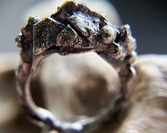 Bold brutalist raw silver ring. Abstract oxidized ring. Rustic contemporary ring. Ukrainian artisan statement jewelry