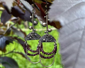 Oxidized Sterling Silver Garnet Dangle Earrings, Brutalist Contemporary Jewelry