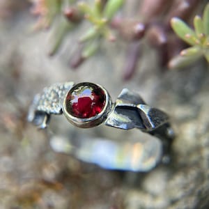 May include: A silver ring with a textured band and a single red gemstone set in the center.