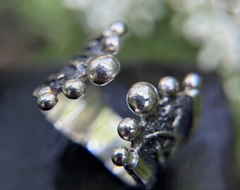 Oxidized Sterling Silver Brutalist Ring, Open Band Artisan Modernist Ball Ring (Size 6.5-6.75)