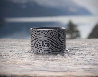 Sterling silver wide band waves wind and water textured ring. Boho style ring.