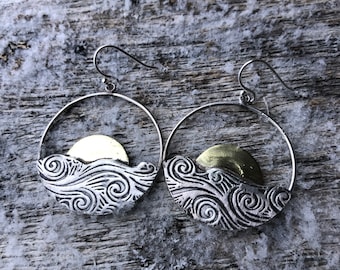 Handmade Sterling Silver Sunrise Hoop Earrings: Textured Brass Accent