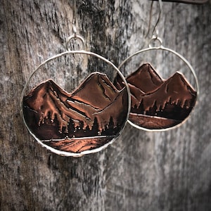 Mountain  hoop earrings made with copper and silver. Nature scene, made in Alaska. Outdoor lover gift.
