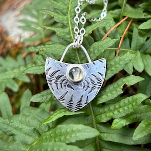 Fern pendant with moss agate set stone. Botanical forest  necklace