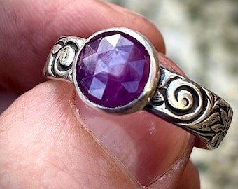 Sterling silver Pink Sapphire ring with galaxy swirl and  starflowers