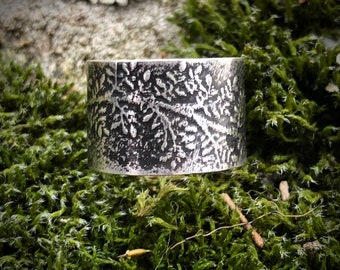 Sterling silver wide band Moss ring with texture. Rustic botanical style
