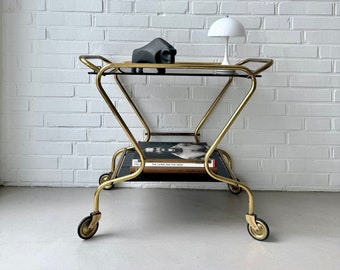 Mid century bar cart, vintage tea cart brass, serving cart glass