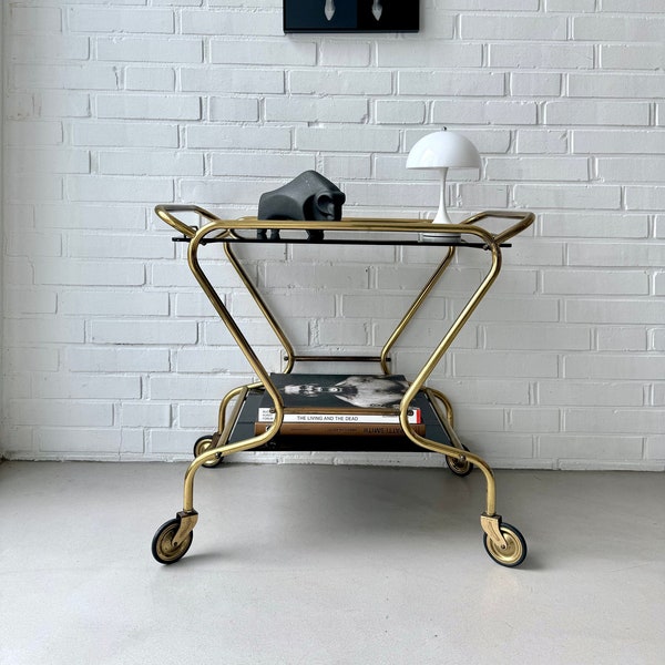 Mid century bar cart, vintage tea cart brass, serving cart glass