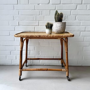 Vintage Rattan Side Table, Mid Century Rattan Serving Cart, Boho Wicker Table, Home Decor