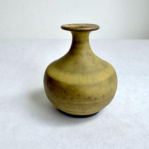 May include: A small, handcrafted ceramic vase with a rounded body and a narrow neck. The vase has a matte finish in shades of olive green and brown, with subtle variations in color. The base is a darker brown. A decorative piece for the home.