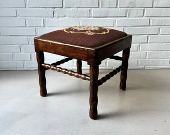 Vintage stool wood, antique stool embroidered flowers, turned footstool