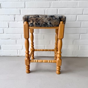 Vintage stool wood upholstered velvet, French country house stool, mid-century bench with floral fabric