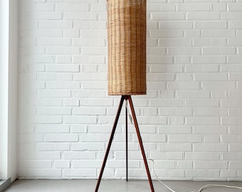 Mid Century Modern Teak Floor Lamp with Wicker Shade, Vintage Floor Lamp Tripod Denmark