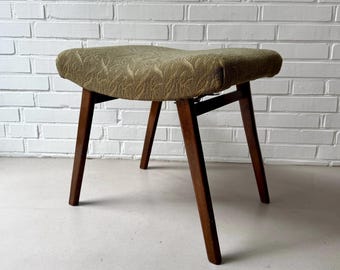 Mid-century upholstered stool, vintage wooden stool from the 1950s, mid-century ottoman, retro stool