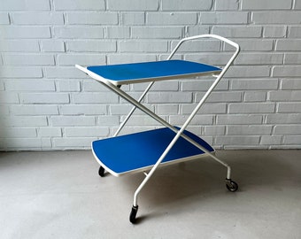 Vintage Servierwagen klappbar, Mid Century Barwagen, Vintage Beistelltisch Blau, Klapptisch