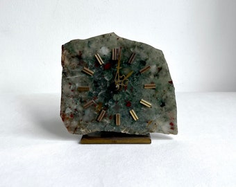 Vintage agate table clock, 70s brass table clock, stone mantel clock