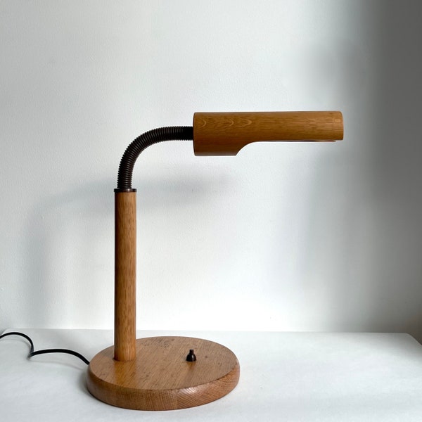 Vintage Schreibtischlampe, Mid Century Tischlampe Holz, 70er Jahre Lampe, Schwanenhals Lampe Bültmann Leuchten