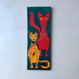Mural de pared de cerámica vintage con gatos, azulejo de pared de mediados de siglo, relieve de gatos coloridos, azulejo de cerámica de los años 60/70