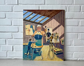 Vintage original oil painting, naive painting, painting studio scene