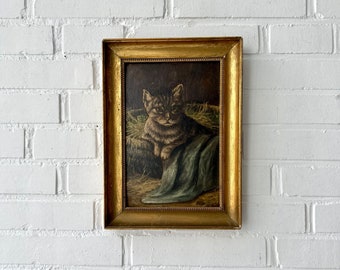 Original vintage oil painting with cat, antique cat portrait, cat study in basket