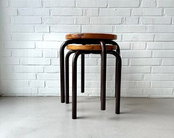 Pair of vintage stacking stools, mid century wooden stools, tubular steel kitchen stools