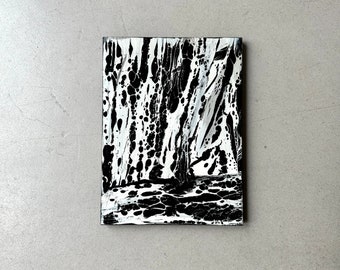 Vintage picture black and white on wood, painting acrylic/oil abstract, art 90s