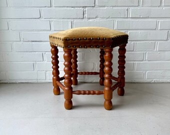 Vintage Hocker Holz gepolstert, Mid Century Hocker Samt, Fußhocker Landhaus