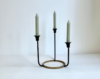 Vintage candlestick Laurids Lonborg, candle holder metal/rattan 60s, modernist candlestick three-flame