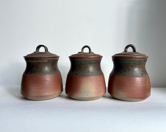 Set of vintage ceramic jars with lids, mid century storage jars, coffee jar, sugar bowl