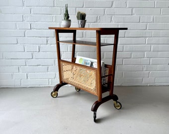 Midcentury side table teak, vintage magazine rack rattan, bar cart Viennese braid,