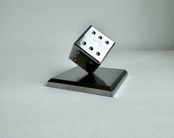 Vintage paperweight cube, modernist object cube, letter holder office metal