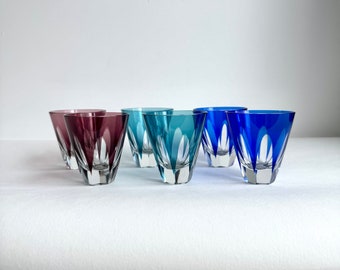 Vintage glasses crystal glass colorful, six overlay glasses, colorful water glasses, liqueur glasses