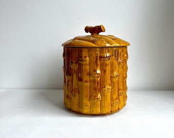 Vintage Ceramic Jar with Lid, Vintage Bamboo Bowl, Mid Modern Ceramic Lidded Jar