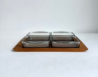 Vintage serving bowls teak Denmark, mid century snack bowls, glass bowl with tray