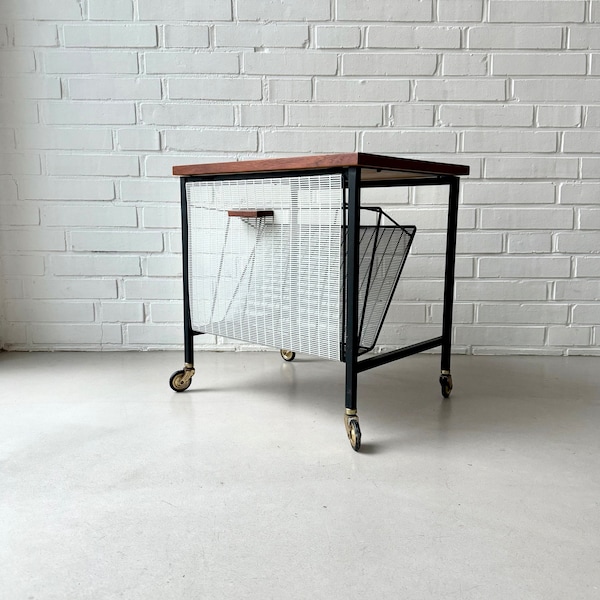 Vintage side table with magazine rack, mid century newspaper trolley, vintage metal magazine rack