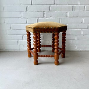 Vintage stool wood upholstered, mid century stool velvet, footstool country house